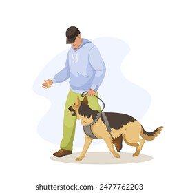 Man walking with a German Shepherd guide dog on a leash, with a simple white and light blue abstract background. Concept of assistance and support. Vector illustration