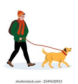 Man walking a golden retriever in a winter setting with a cheerful demeanor