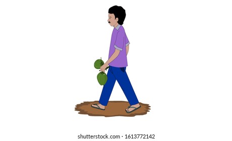 A man is walking with green coconut in hand
