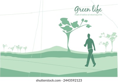 Man walking in a green landscape