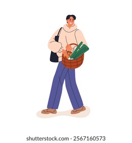 Man walking with grocery basket and tote bag, shopping for natural food produce, vegetables. Happy shopper, consumer carrying healthy products. Flat vector illustration isolated on white background