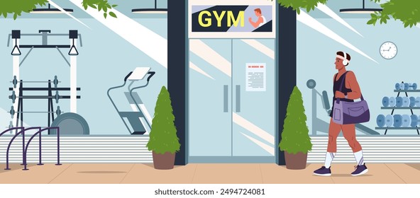 Man walking to gym door for healthy fitness training. Young guy wearing headphones strolling up to modern glass exterior of fitness club with exercise equipment inside cartoon vector illustration