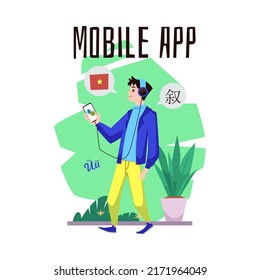 Man walking in headphones and learning language through the app, flat vector illustration on white background. Concept of online language learning using mobile phone. Practice Vietnamese listening.