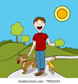 Man walking with his cat and dog in the park.