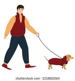 Hombre caminando con su lindo perro. Dachshund. Feliz propietario de una mascota. Ilustración del vector