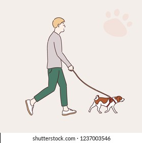 A man is walking with his dog. hand drawn style vector design illustrations.