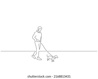 Man walking his dog in line art drawing style. Composition of a person with an animal. Black linear sketch isolated on white background. Vector illustration design.