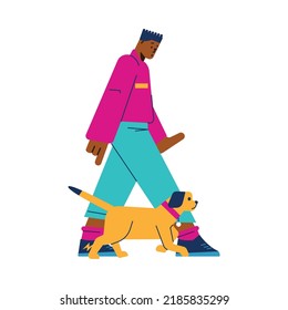 Man walking with his dog nearby, obedient pet - flat vector illustration isolated on white background. Concept of dog training and cynology. Owner walks together with dog.