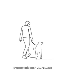 man walking his dog on leash - one line drawing vector. dog sitter concept, dog lover with pet walking down street 