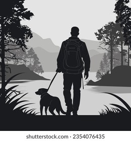 Man walking with his dog on the road in a forest