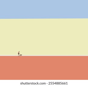 Man walking with his dog on street in the morning. Exercise outside during holiday vacation. Minimal art design.