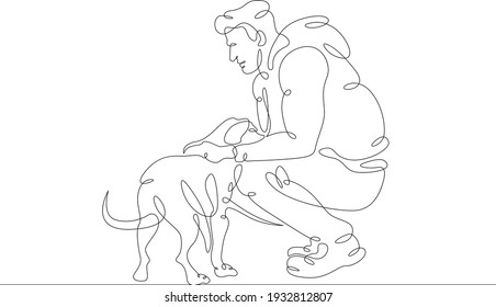 A man walking his dog. Owner with his pet. Dog breeding and dog training. One continuous drawing line  logo single hand drawn art doodle isolated minimal illustration.