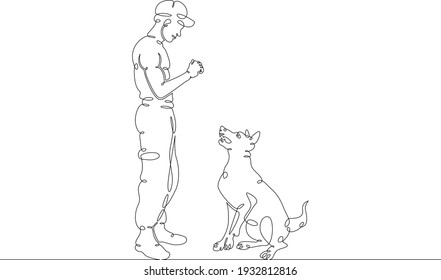 A man walking his dog. Owner with his pet. Dog breeding and dog training. One continuous drawing line  logo single hand drawn art doodle isolated minimal illustration.