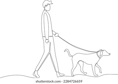 A man walking with his dog in the park. Walking or playing with dog one-line drawing