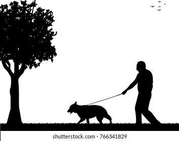 Man walking with his dog in the park silhouette layered