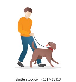 A Man is walking with his dog. Pet and their owner vector Illustration on a white background. Young man walking with his dog. Vector illustration