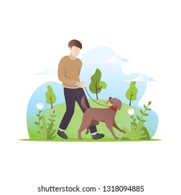 A Man walking with his dog. Pet and their owner walking in the park. Young man walking with his dog. Vector illustration