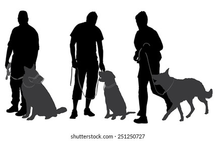 Man walking his dog Silhouette on white background