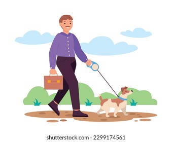 Man walking his dog. They walk in the park. Best friends. Vector graphic.