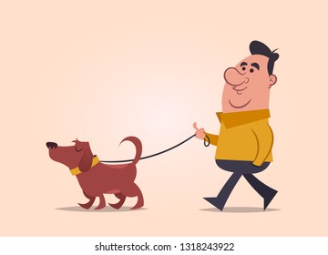 Man Walking with His Dog. Vector Illustration