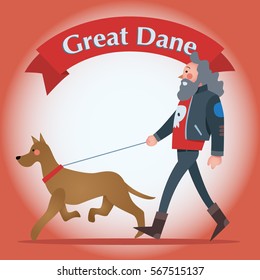Man walking with his Great Dane dog. Vector Illustration