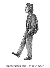 A man walking with his hand in pant's pocket, hand drawn illustration vector