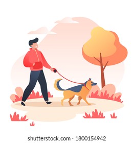 Man walking his happy dog in autumn park, pet care concept. Dog breed German Shepherd. The owner's love for his pet. Vector illustration