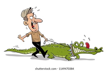 man walking his pet alligator