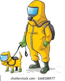 Man walking his pet in bio hazard suits