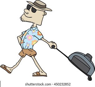 Man Walking With His Suitcase. He Is Wearing A Hawaii Shirt, A Hat And Dark Glasses.