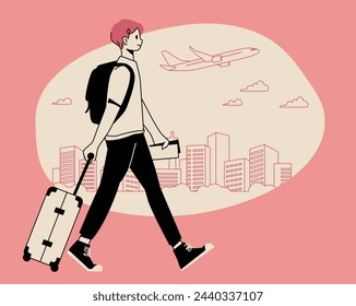 A man walking with his trunk in the background of the city and passenger plane