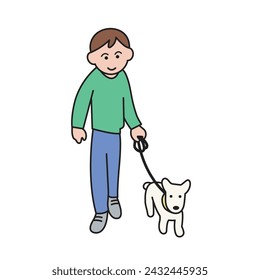 a man is walking his white dog. cartoon style illustration