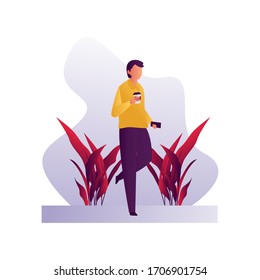 a man walking, holding a coffee and a smartphone. business woman illustration with flat style.