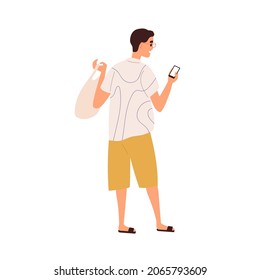 Man Walking And Holding Mobile Phone. Person Using Internet On Smartphone On The Go. Guy Hold Telephone, Looking At Cellphone Screen And Texting. Flat Vector Illustration Isolated On White Background