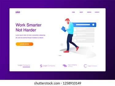 Man walking holding tablet illustration concept for website or landing page