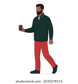 Homem caminhando e segurando um café levado, isolado