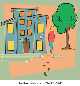 Man walking, Human Silhouette Leaving His Footprint Through Houses and Tree Colored With Color Separation. Vector, Illustration