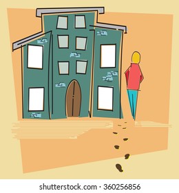 Man walking, Human Silhouette Leaving His Footprint Through Houses Colored With Color Separation. Vector, Illustration