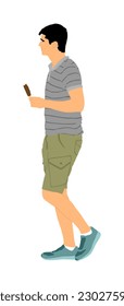 Man walking with ice cream vector illustration isolated. Summer boy eat sweet candy. After work time for dessert. Happy man in t shirt and shorts enjoy outdoor. Sweet desert for tired tourist traveler
