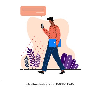 Man Walking Illustration. Gadget Flat Design.