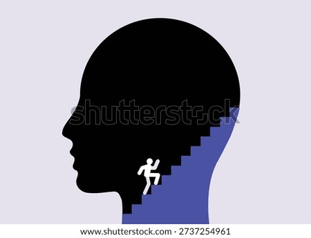 Man walking inside face shape path staircase, illustration about mental health depth