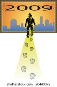 Man walking into a cityscape inside a frame, as the new year