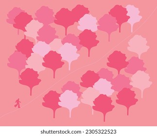 man walking into a forest on a path, on a pink background, monochromatic, in a flat illustration style