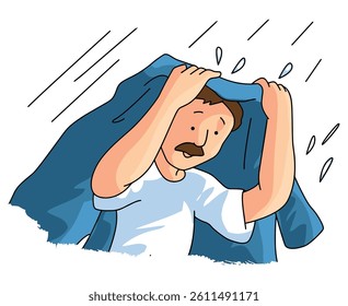 A man walking with a jacket over his head to protect himself from the rain