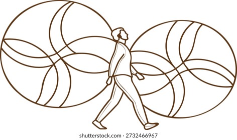 Hombre caminando con Grandes Formas abstractas a cada lado en ilustración de estilo de arte de línea minimalista