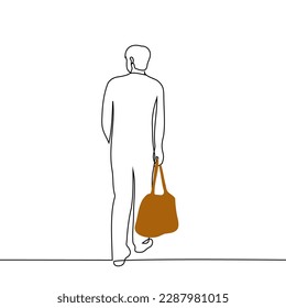 man walking with a large leather bag on handles, full length view from the back - one line drawing vector. concept of traveler, passenger, tourist