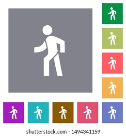 Man walking left flat icons on simple color square backgrounds