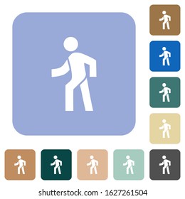 Man walking left white flat icons on color rounded square backgrounds