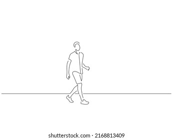 Man walking in line art drawing style. Composition of a person. Black linear sketch isolated on white background. Vector illustration design.