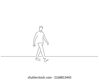 Man walking in line art drawing style. Composition of a person gesturing. Black linear sketch isolated on white background. Vector illustration design.